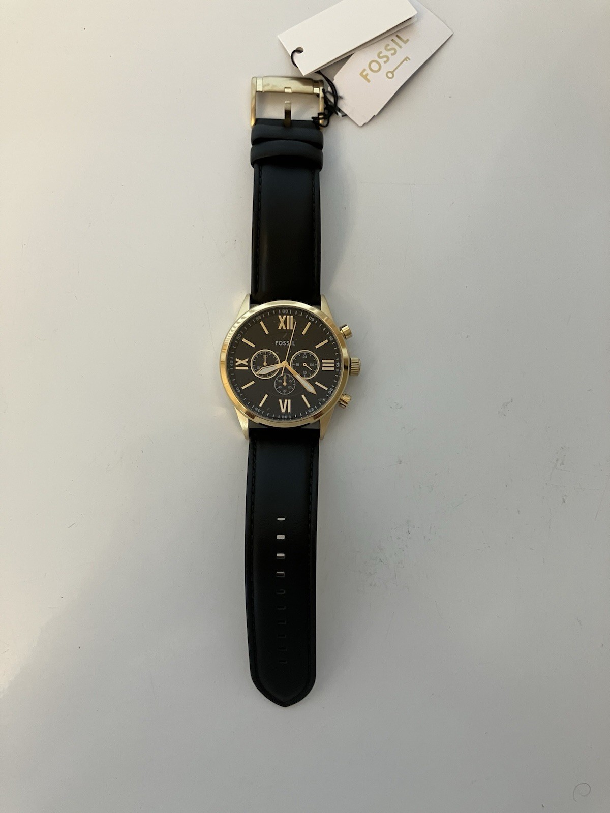 New Fossil Flynn Goldtone,Leather,Men’s Watch,Japan Chronograph Caliber, NWT+Box