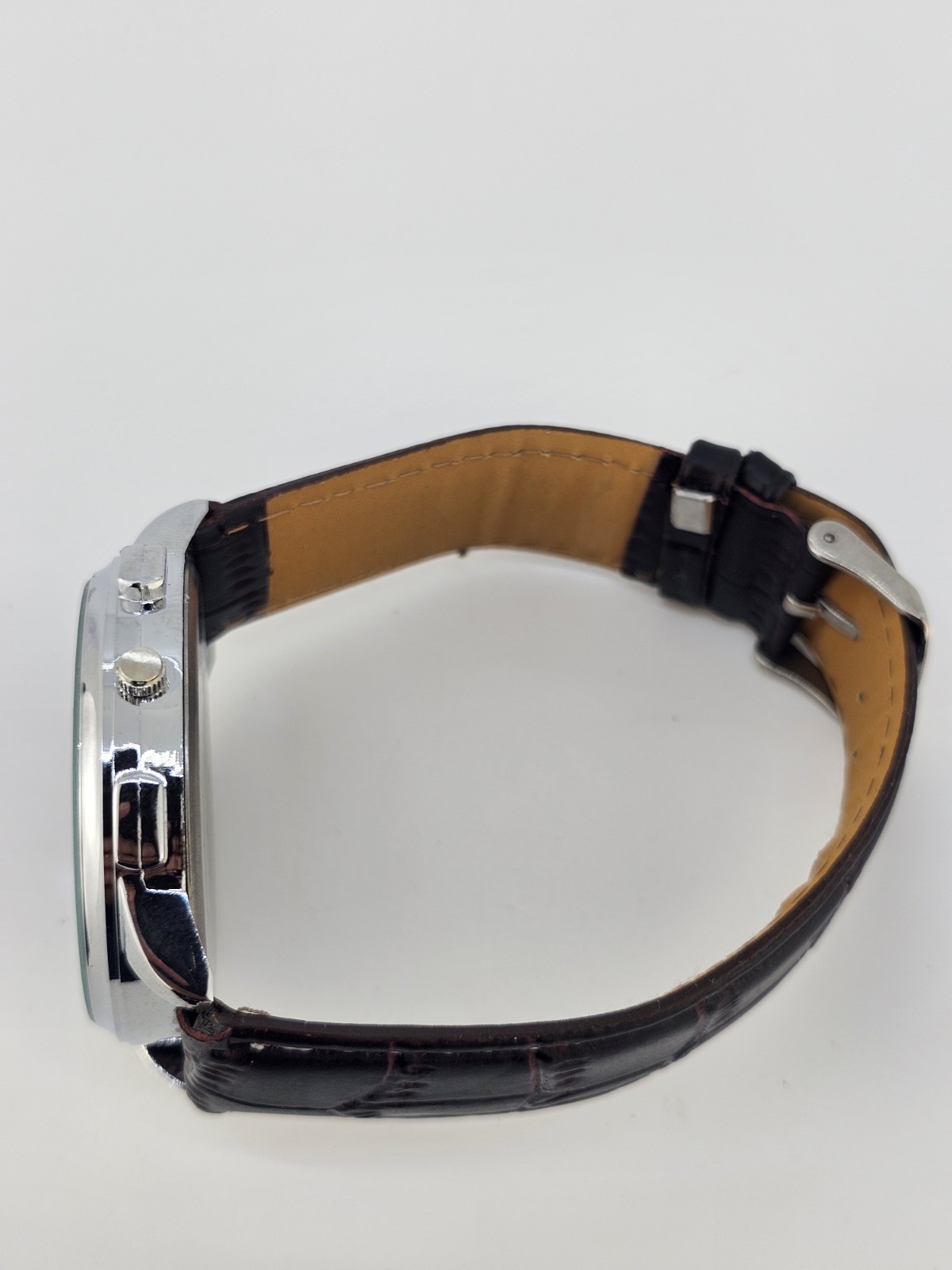 Men’s Analog Watch 45MM Brown Dial Dark Brown Faux Leather Bands New Battery