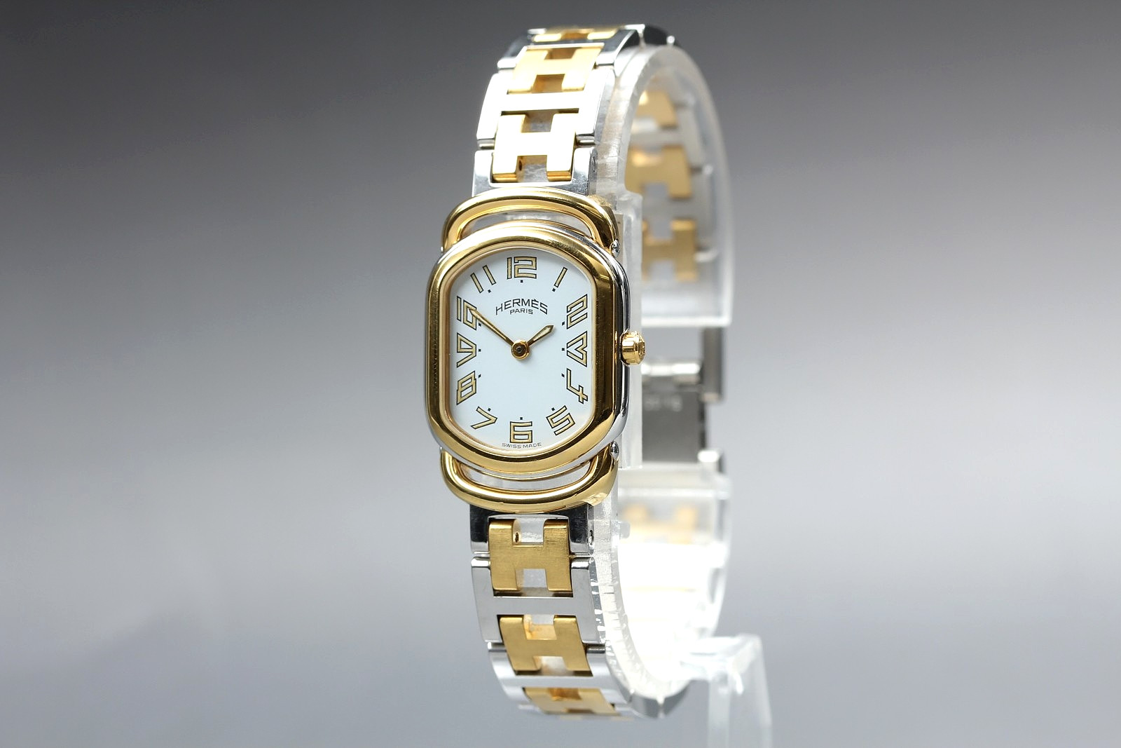 Full Set [Near MINT] Vintage HERMES Rally 20mm Gold White Quartz Women’s Watch
