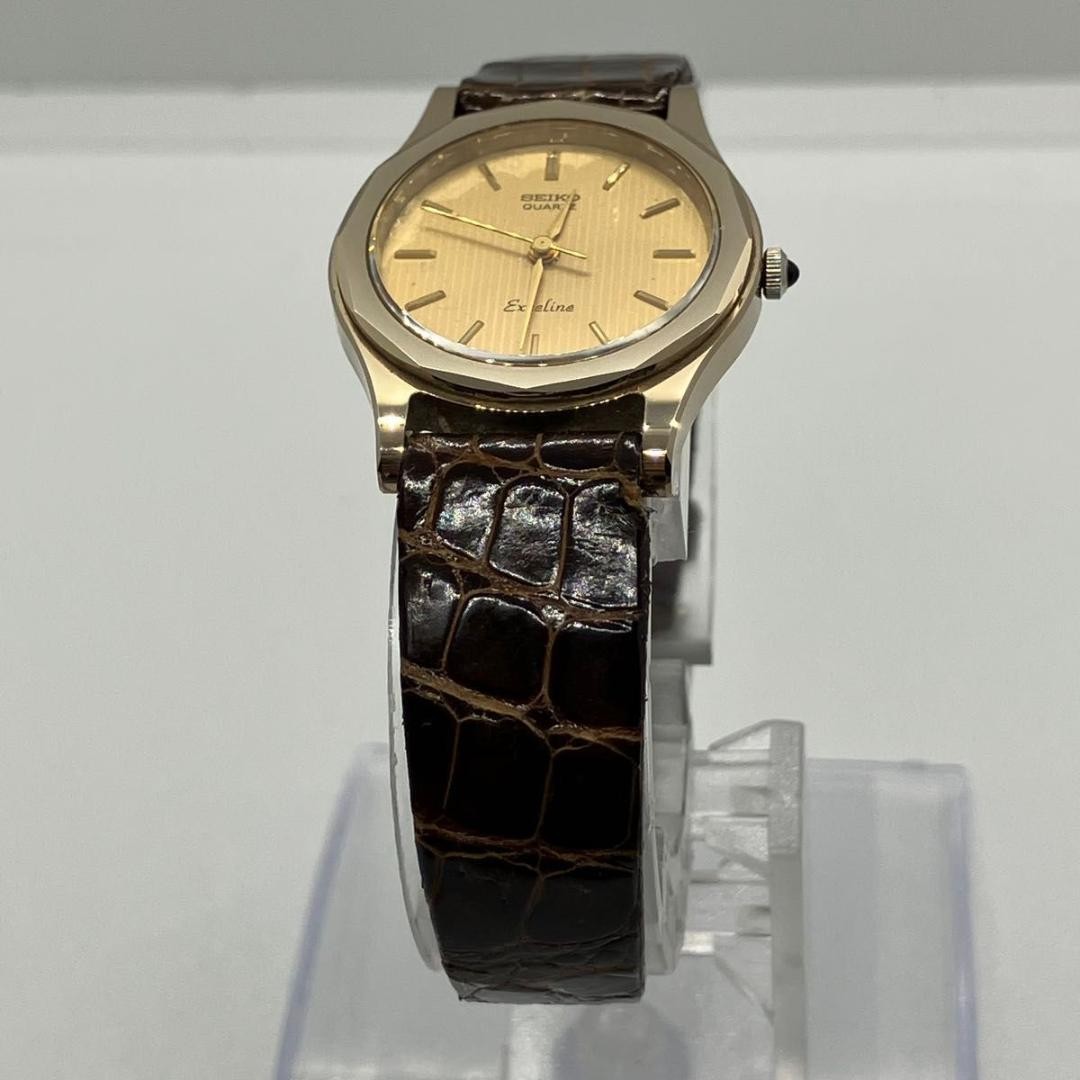 SEIKO Exceline Quartz Gold Dial Brown Strap Watch Used