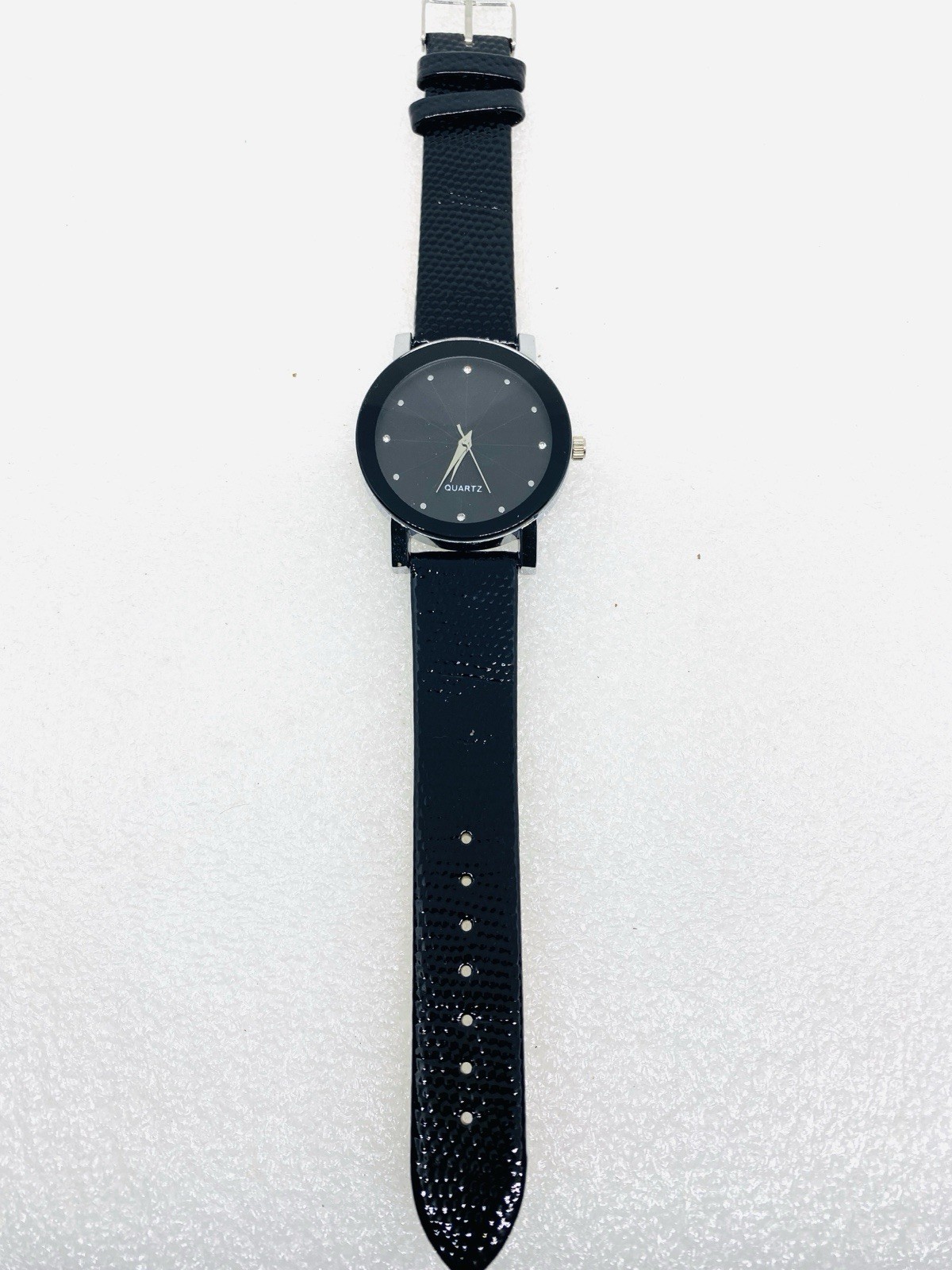 Men Fashion Watch Black Faux Leather Band Pyramid Cz Silver Case Diamond Type