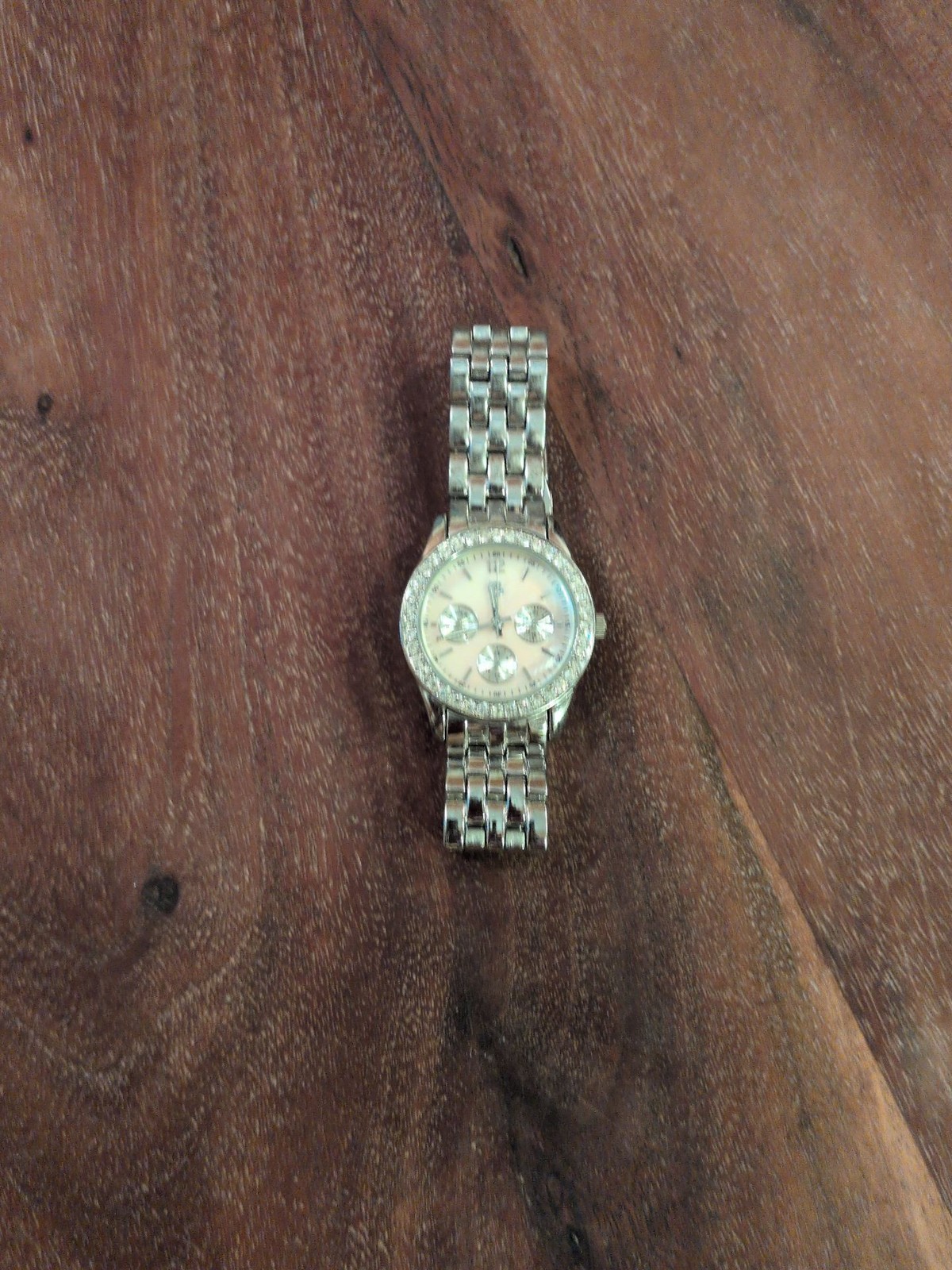 Women’s Chronograph-Style Silver-Tone Watch with Crystal-Encrusted Bezel