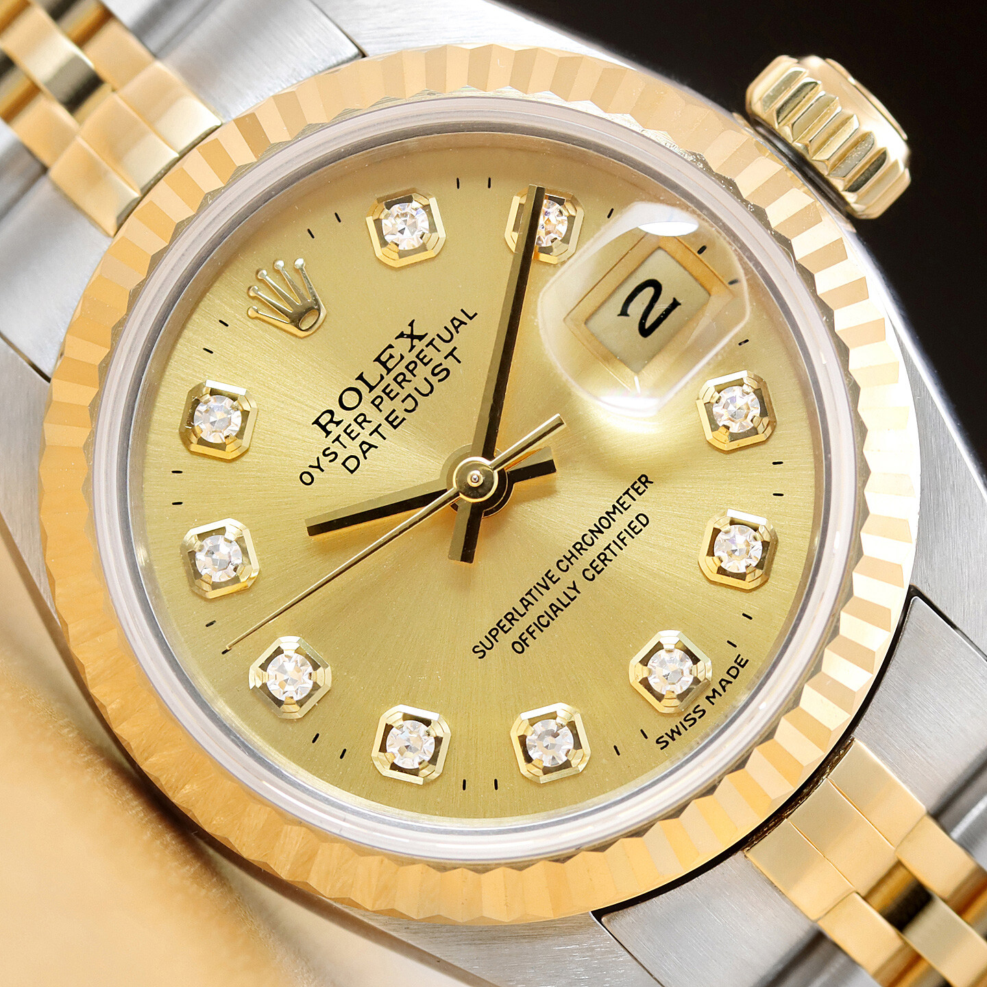 ROLEX LADIES DATEJUST CHAMPAGNE DIAMOND 2 TONE 18K YELLOW GOLD 69173 WATCH