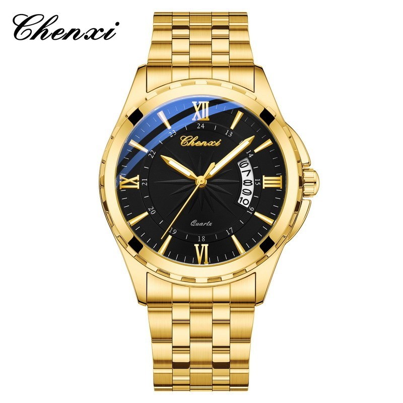 CHENXI Men’s Gold Business Day/Date Calendar Luminous Waterproof Quartz Watch