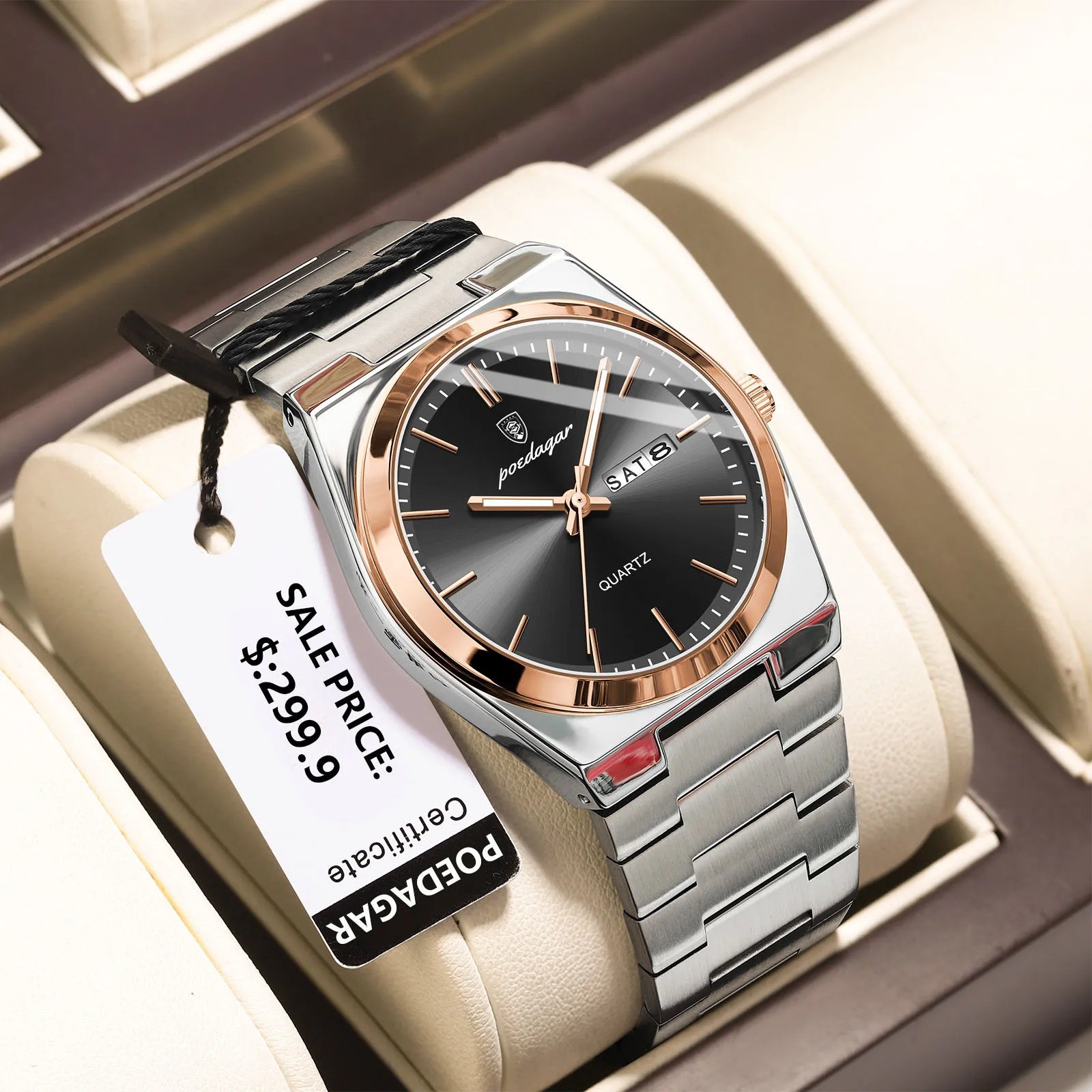 POEDAGAR Men’s Quartz Watch Stainless Steel Waterproof Day Date Luminous
