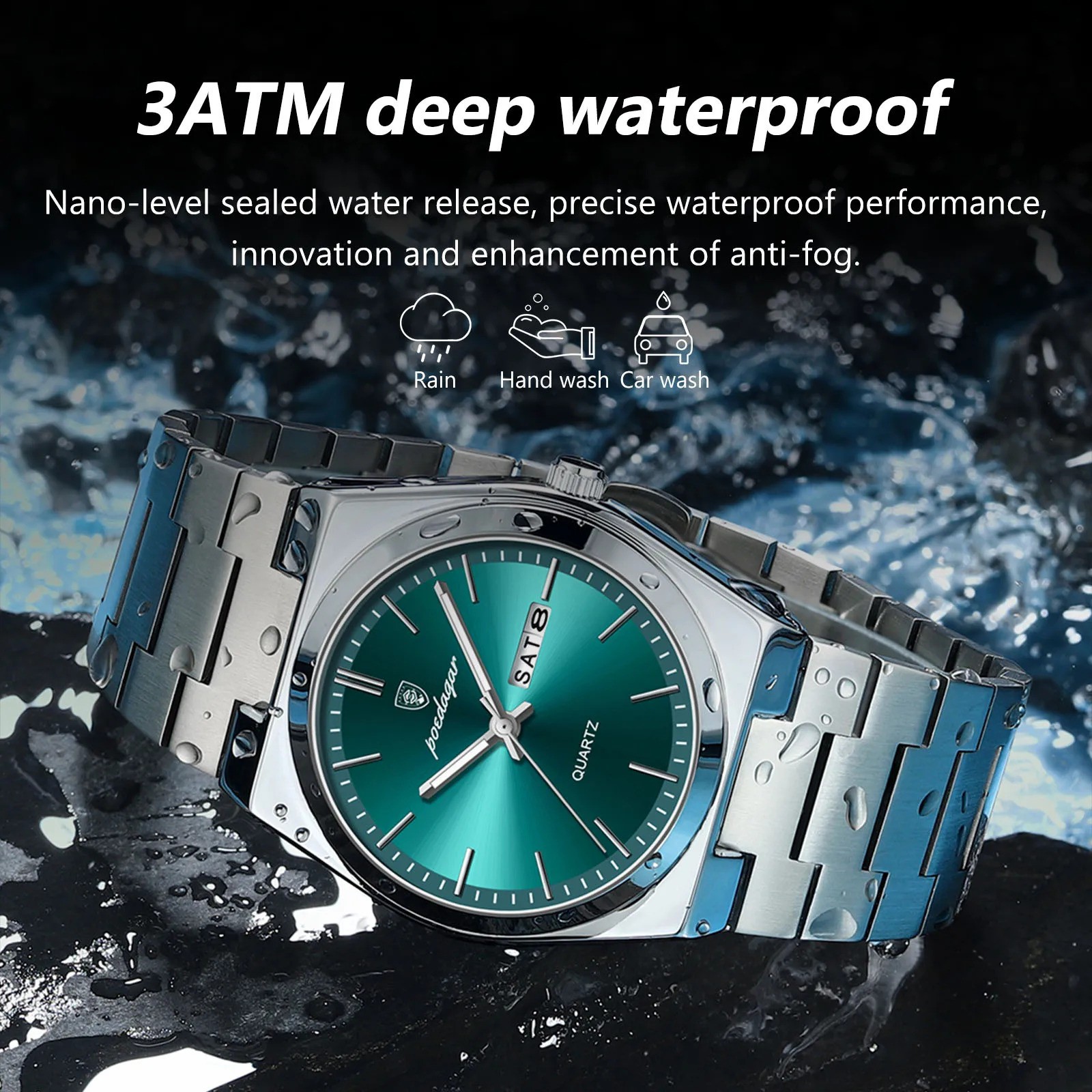 POEDAGAR Men’s Quartz Watch Stainless Steel Waterproof Day Date Luminous