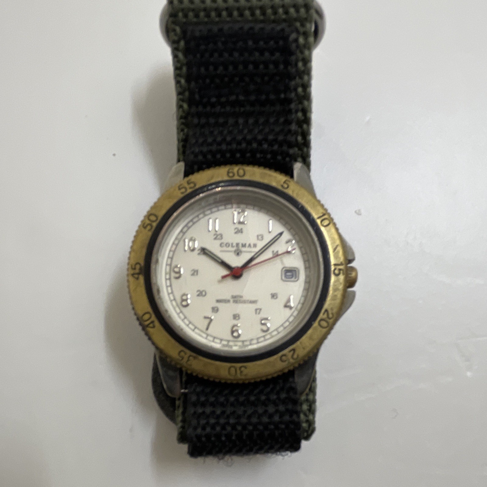 Coleman Quartz Analog Wristwatch White Dial Date Green Nylon Strap