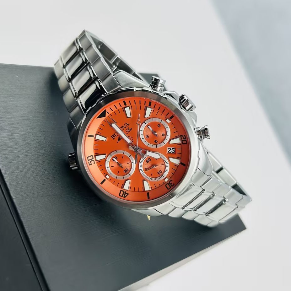 Bulova Men’s Marine Star 96B395 Orange Dial Stainless Chronograph Quartz Watch