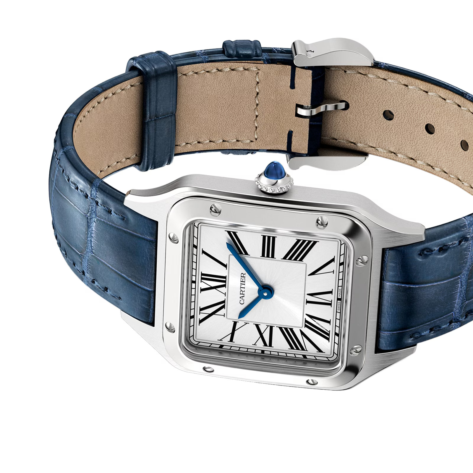 Cartier Santos Dumont Silver Dial Blue Leather Strap Watch WSSA0086