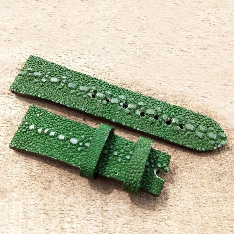 Custom Ray-Style Fish Leather Watch Strap Green Handmade Genuine Textured Band