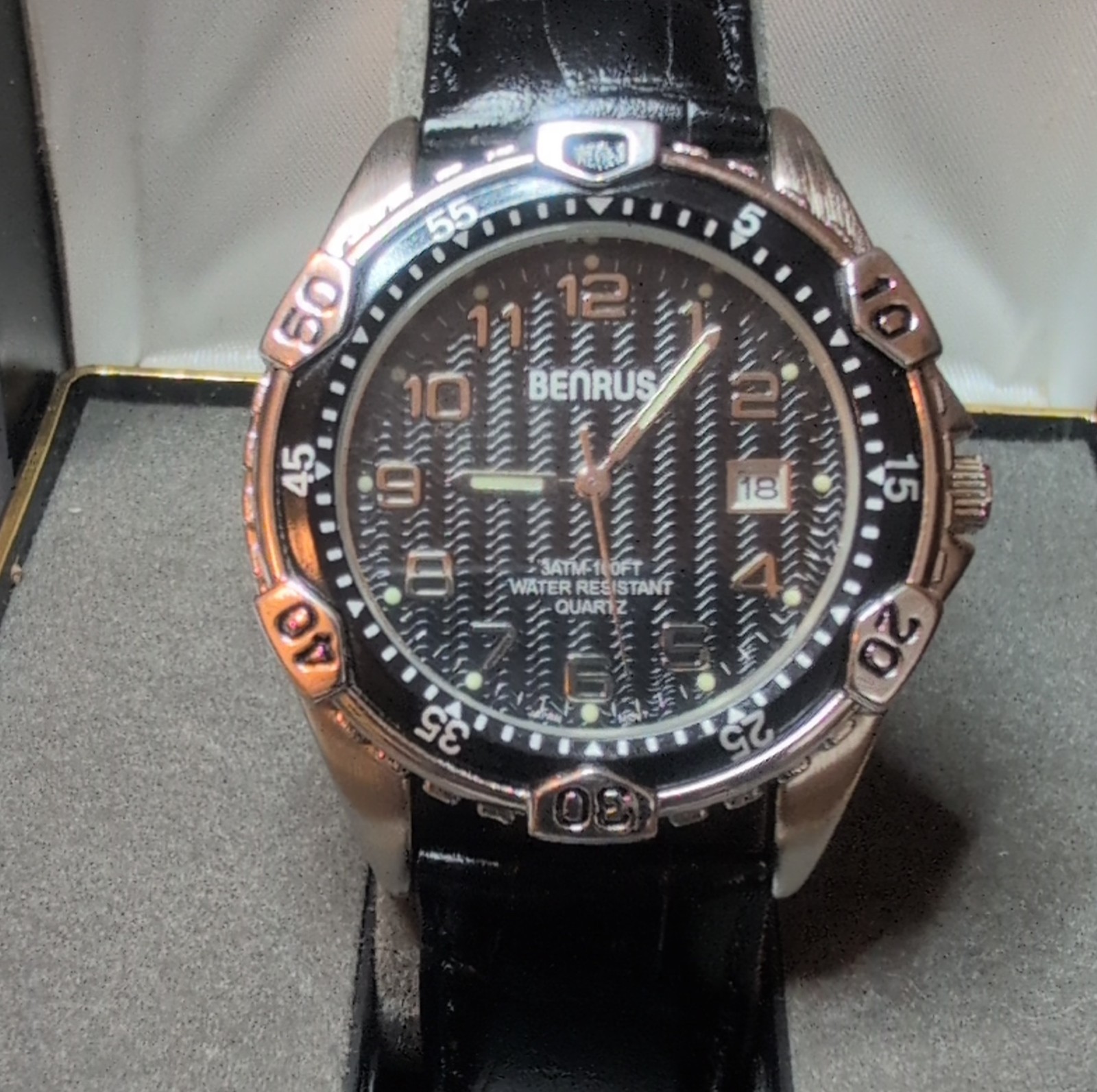Benrus Men’s Quartz Wristwatch Black Dial Water Resistant Leather Band
