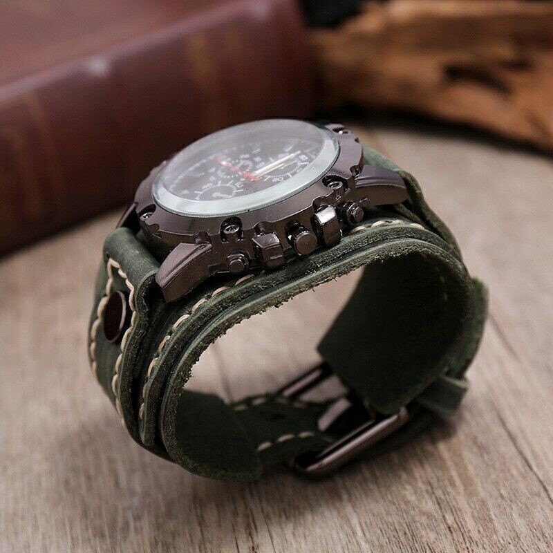 1Pcs Wide Leather Watch Cuff Band Brown Wrist Black Strap Punk Retro Quartz Mens