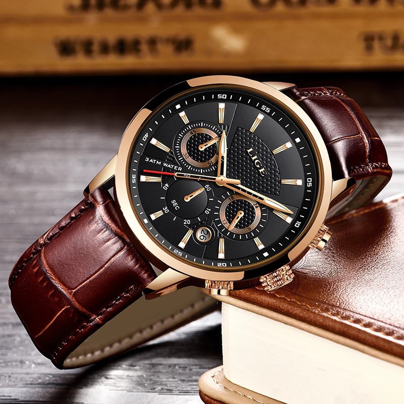 LIGE Men’s Luxury Chronograph Leather Strap Quartz Watch Waterproof Analog Date