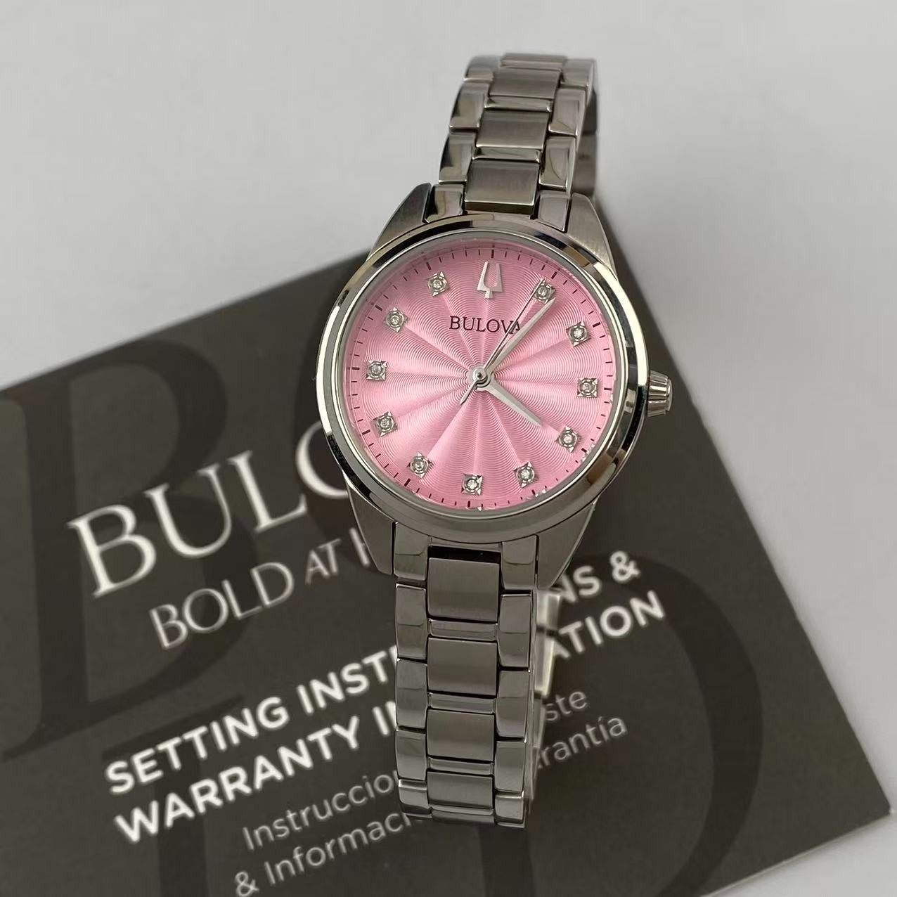 New Bulova 96P249 Sutton Pink Diamond Dial Stainless Steel Women’s Quartz Watch