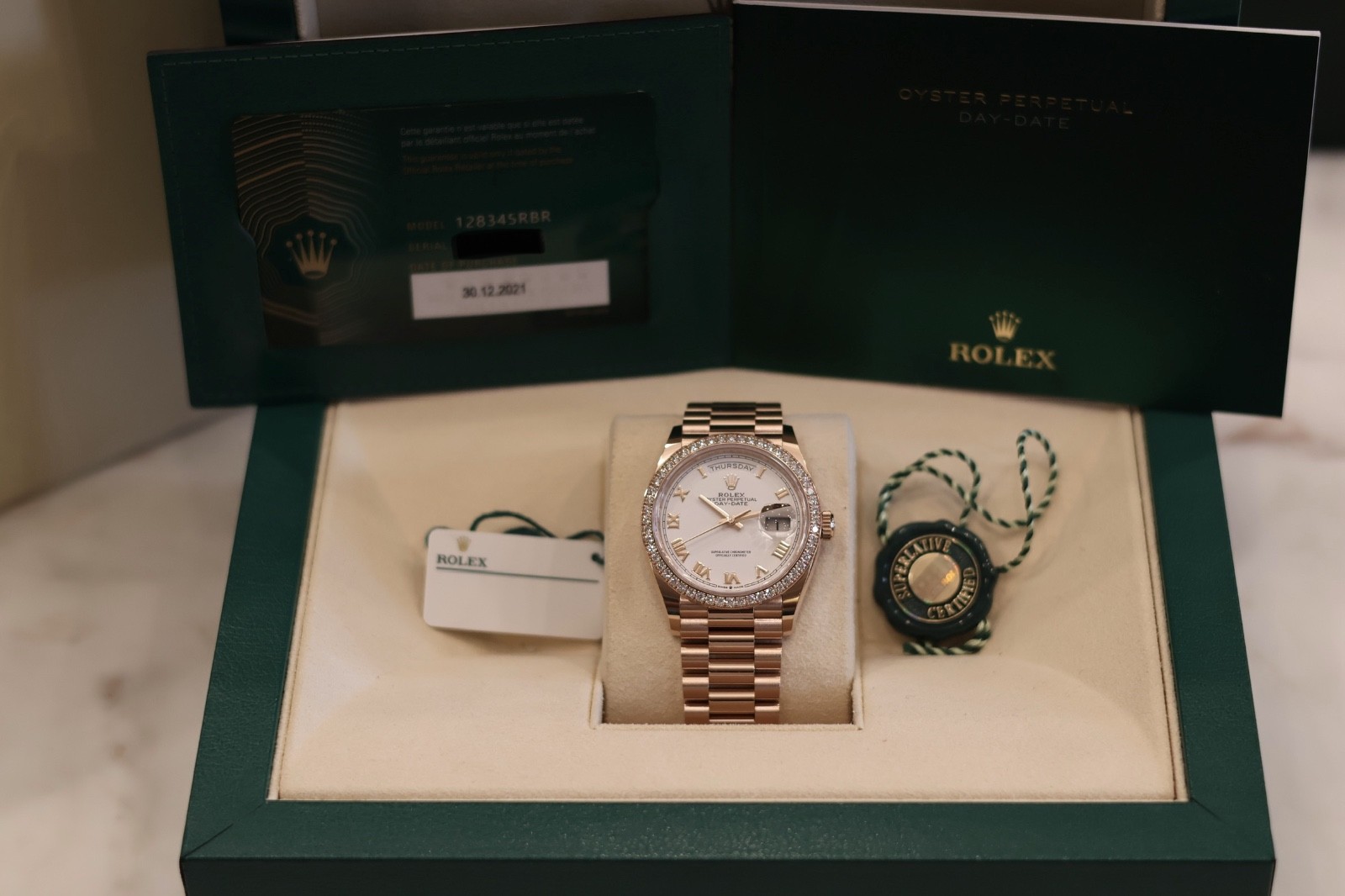 Rolex Day-Date 36 White Roman Rose Gold President Factory Diamond 128345RBR
