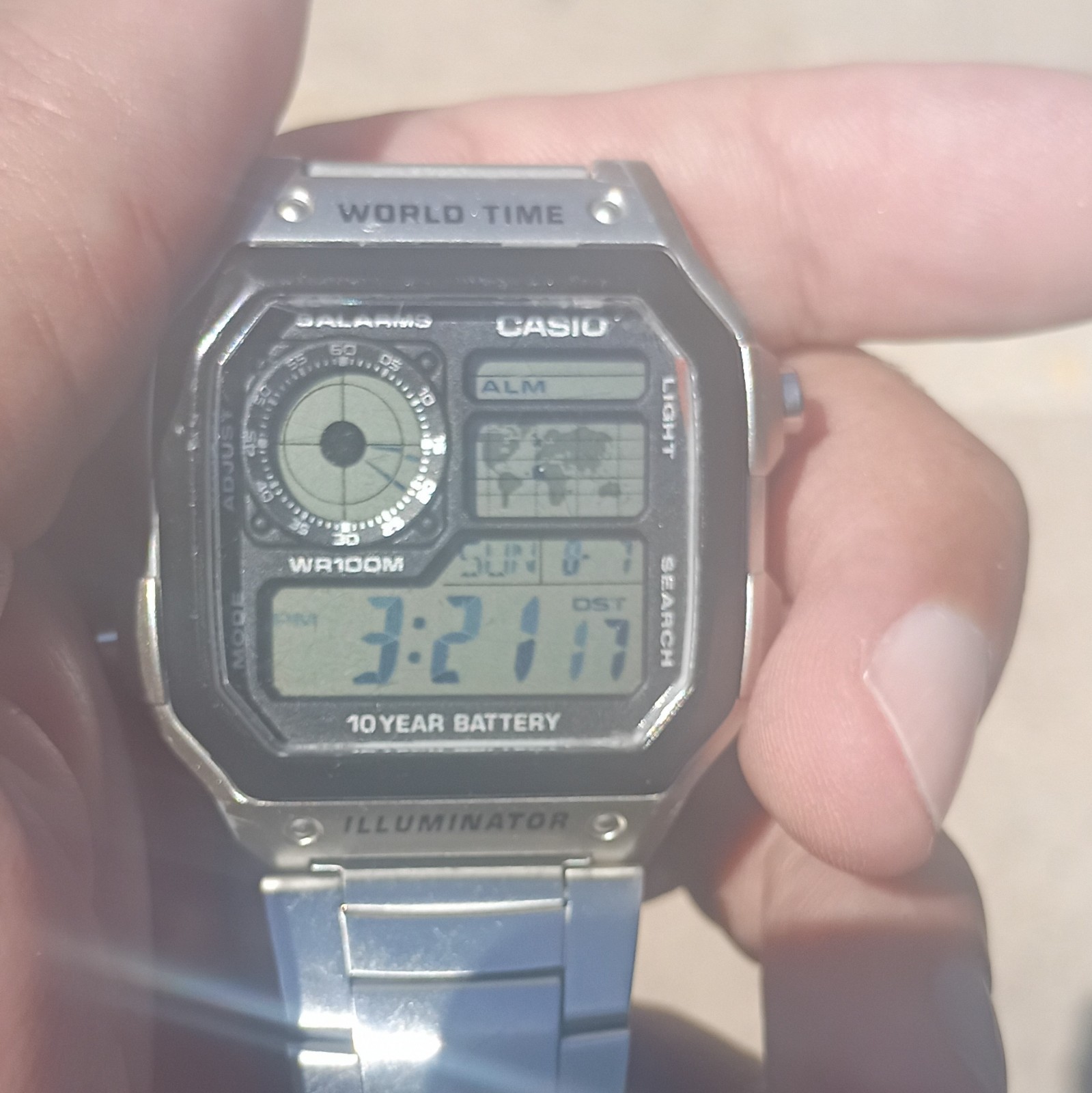 Casio Illuminator World Time Digital Watch WR100M Quartz 42mm Silver SS