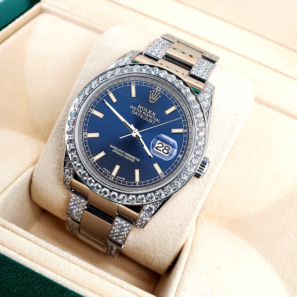 Rolex Datejust 36mm 5.9ct Diamonds Blue Index Dial Watch Box Papers