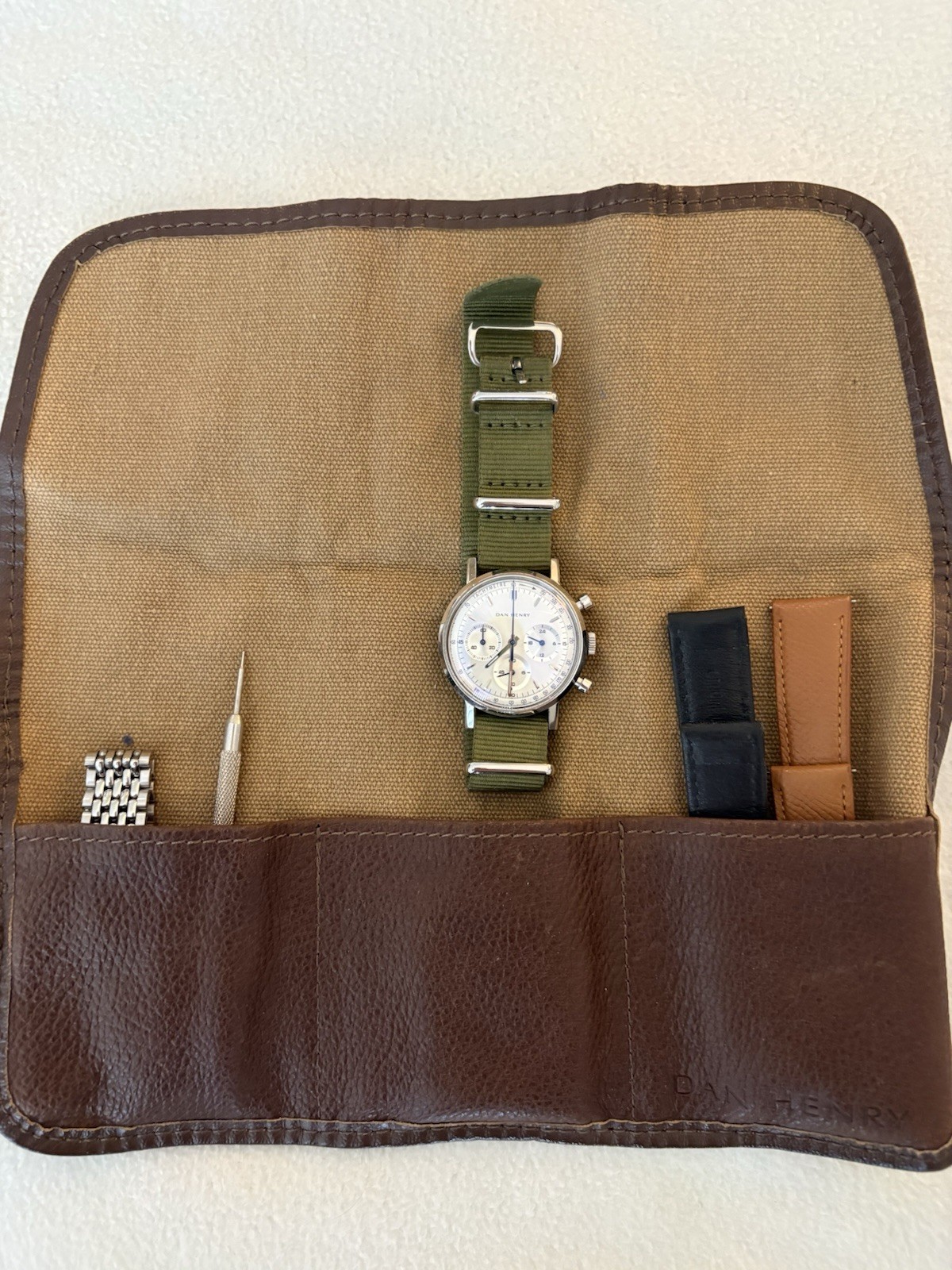 Dan Henry Chronograph Tachymeter Quartz Watch 39mm White Dial Green Nylon – 1961