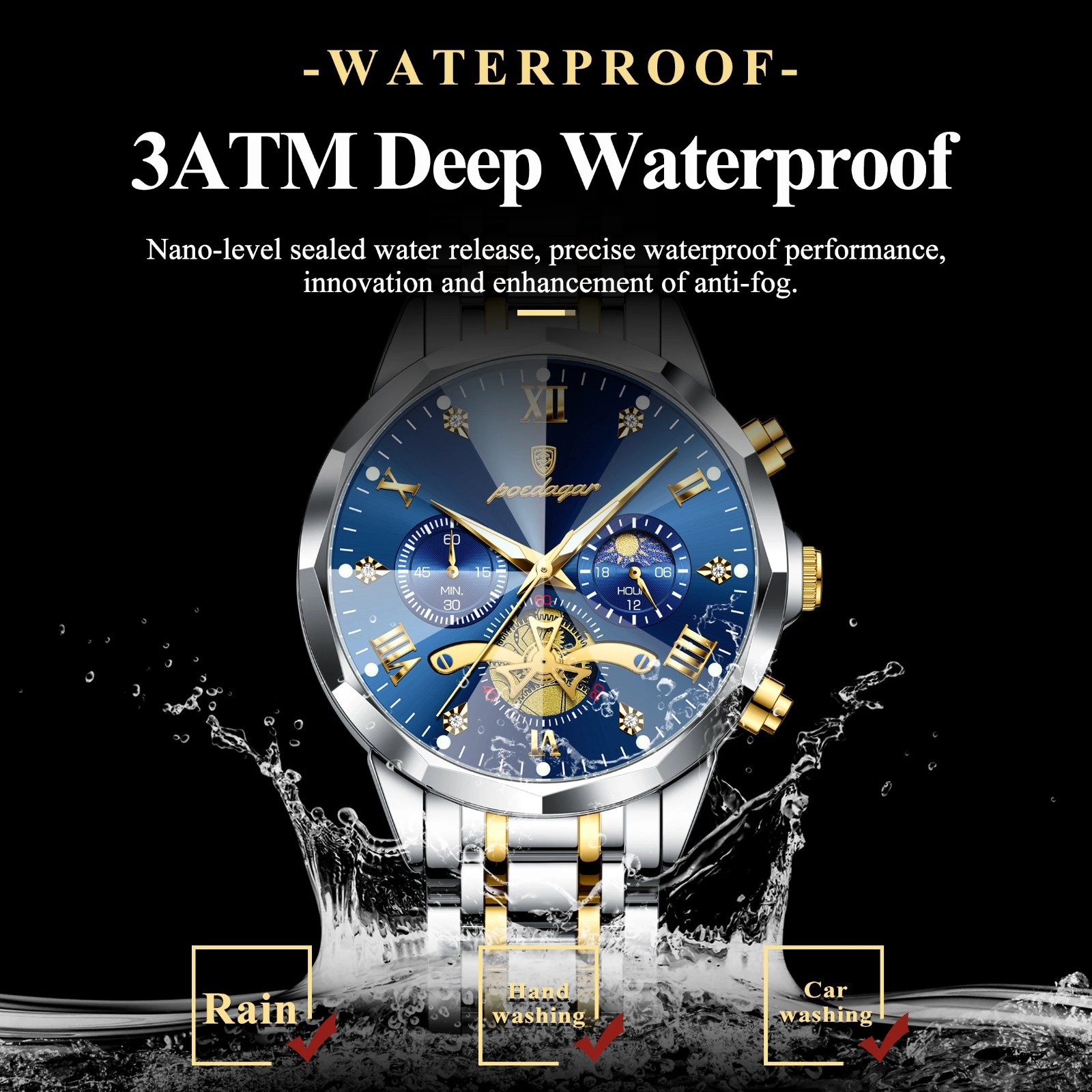 POEDAGAR Mens Quartz Watch Stainless Steel Waterproof Luminous Chronograph