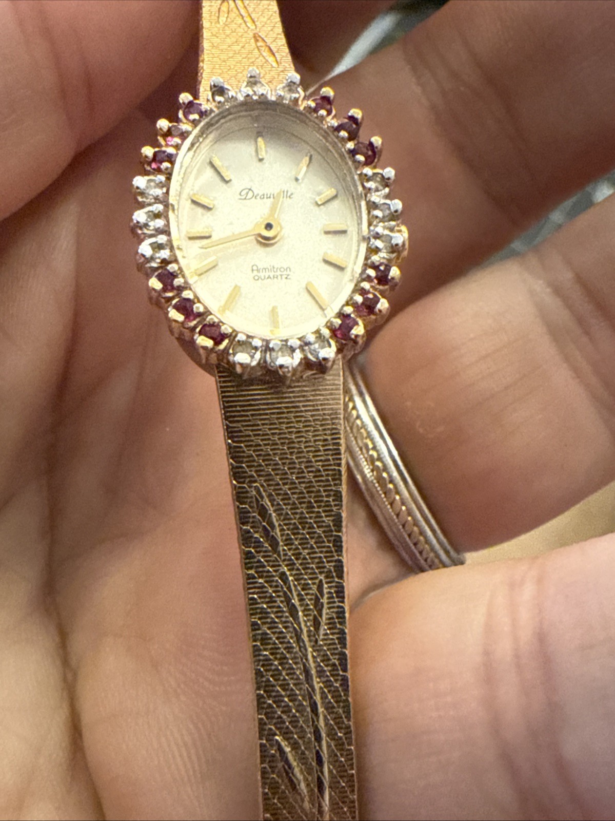 24 diamond ruby Deauville Ladies watch gold plate band new battery