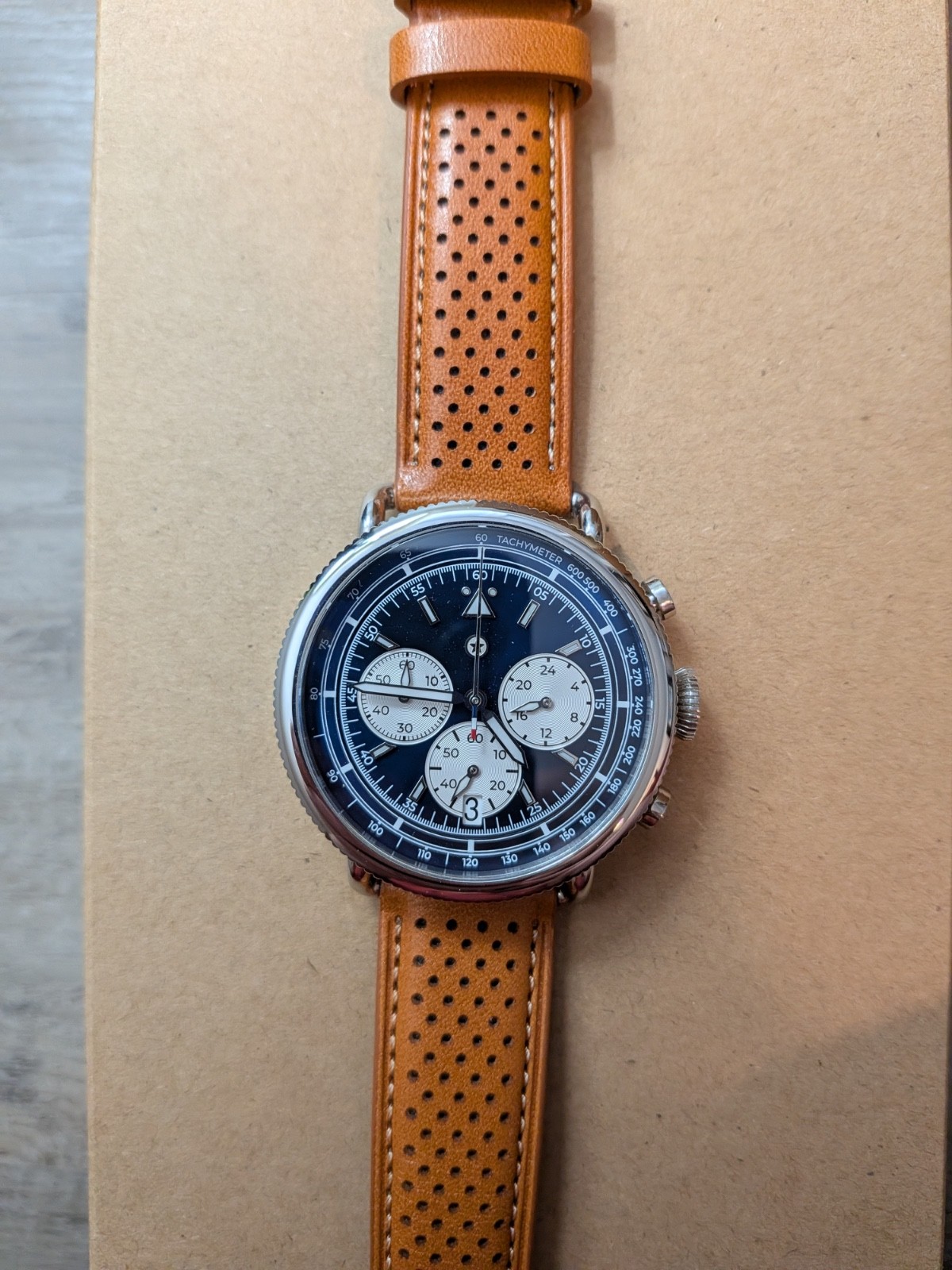 Jack Mason Avigator Meca-Quartz Chronograph Watch 42Mm | Navy Dial On Tan Strap