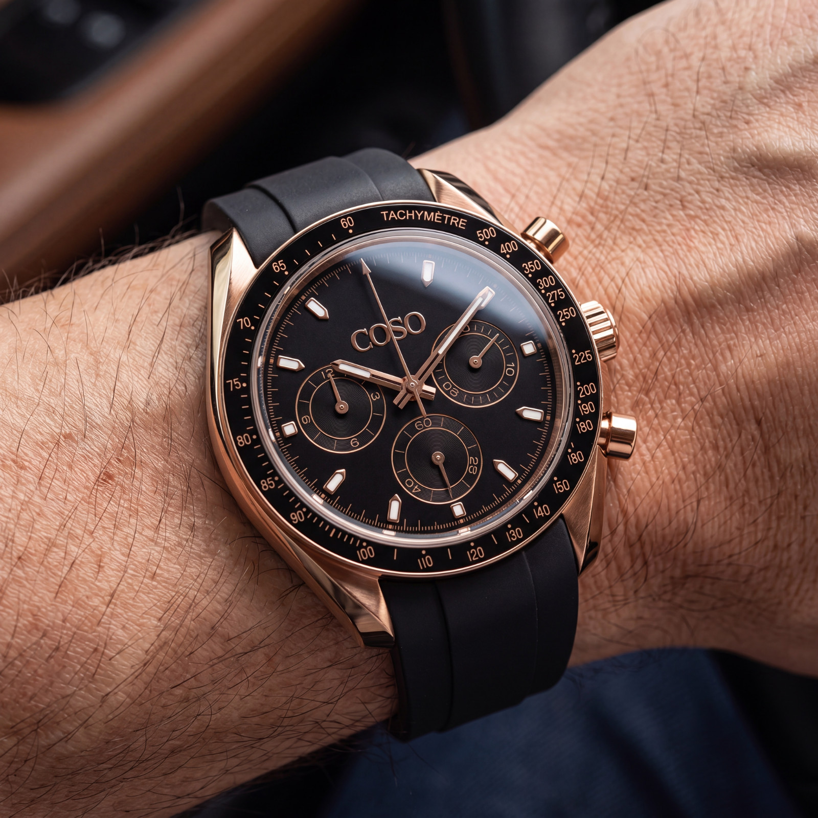 COSO Torvex Chronograph Mens Watch Rose Gold Black Dial Black Bezel Rubber Strap