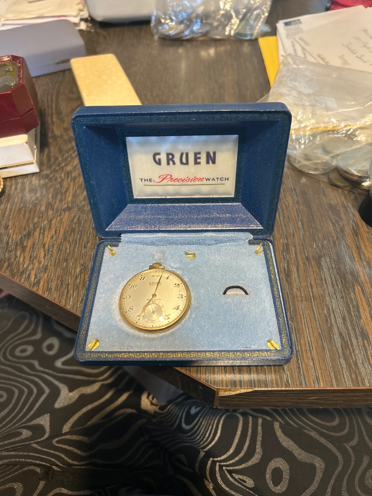 vintage gruen precision pocket watch. Original box unsure of the year 10k watch