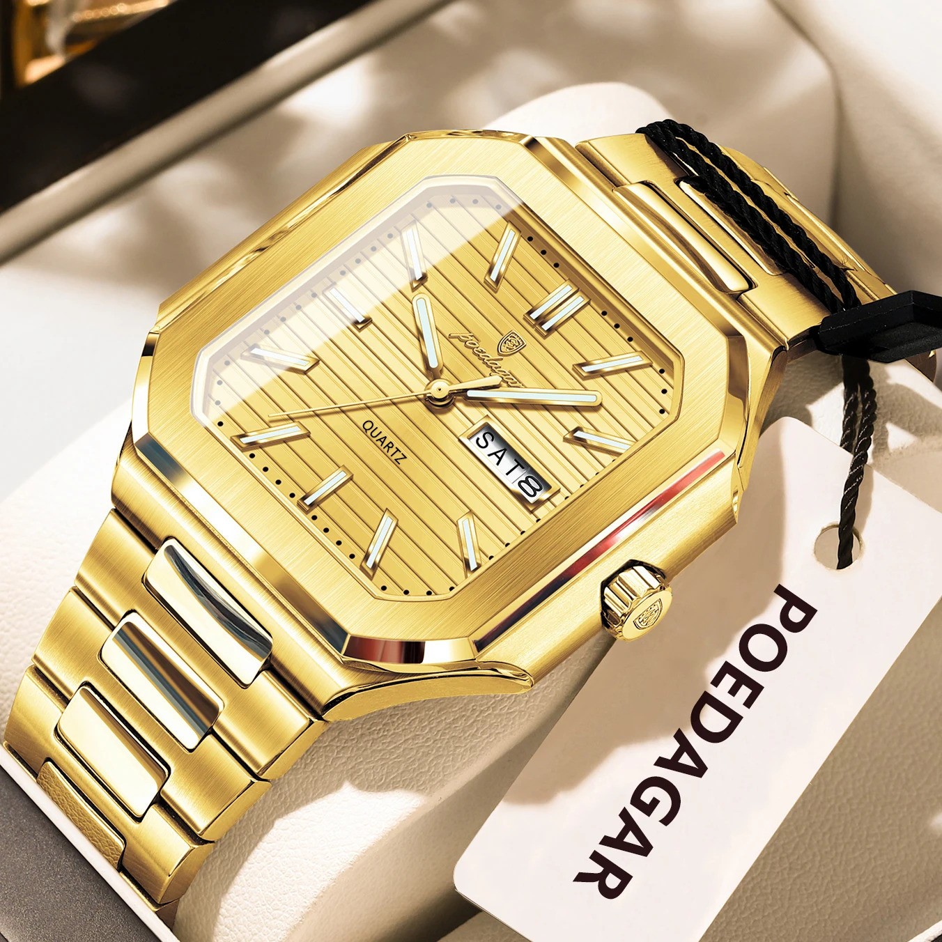 POEDAGAR Men’s Square Quartz Watch Stainless Steel Waterproof Luminous Day Date