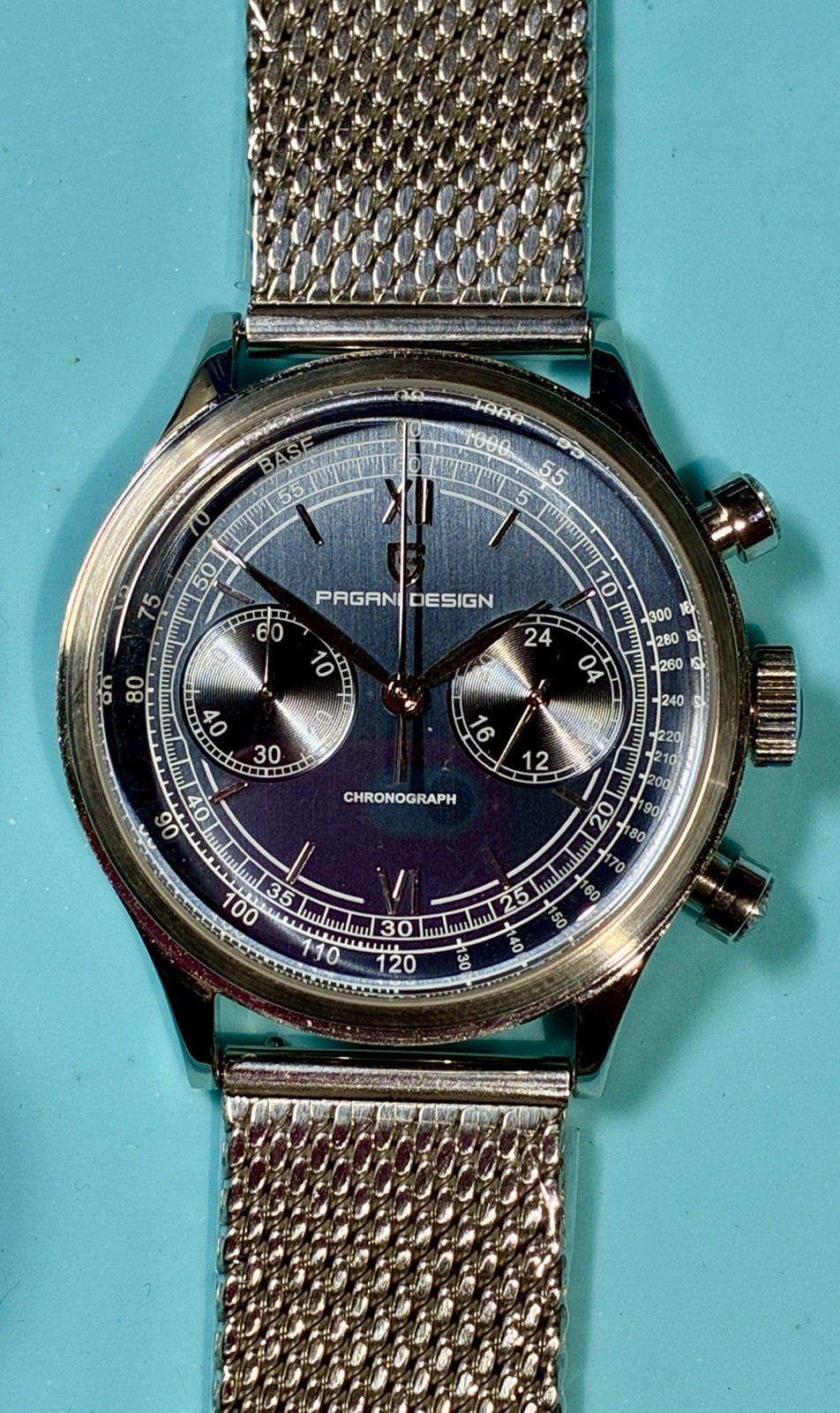 PAGANI DESIGN 40MM CHRONO VINTAGE STYLE BLUE BICOMPAX DIAL SEIKO VK64 QUARTZ