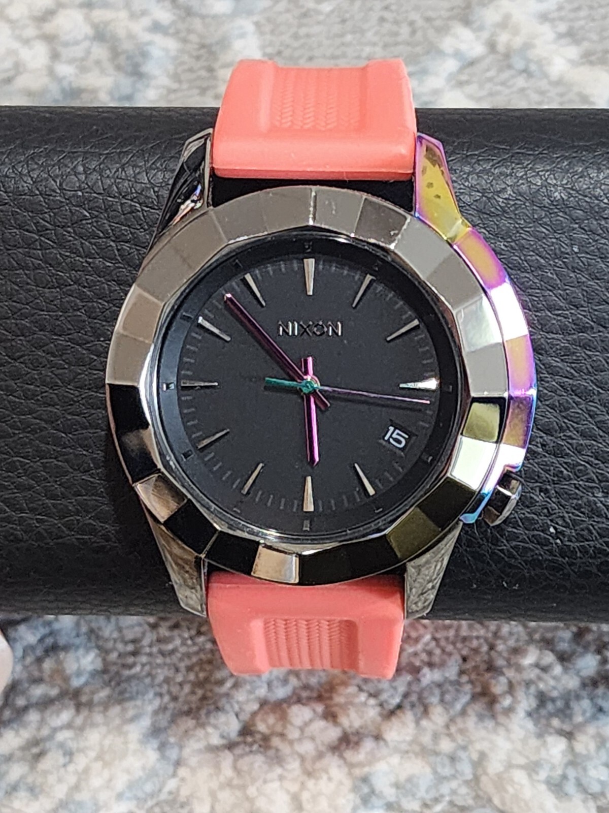 Nixon Women’s Monarch Watch Quartz Gray Dial Date Orange Band RARE!!