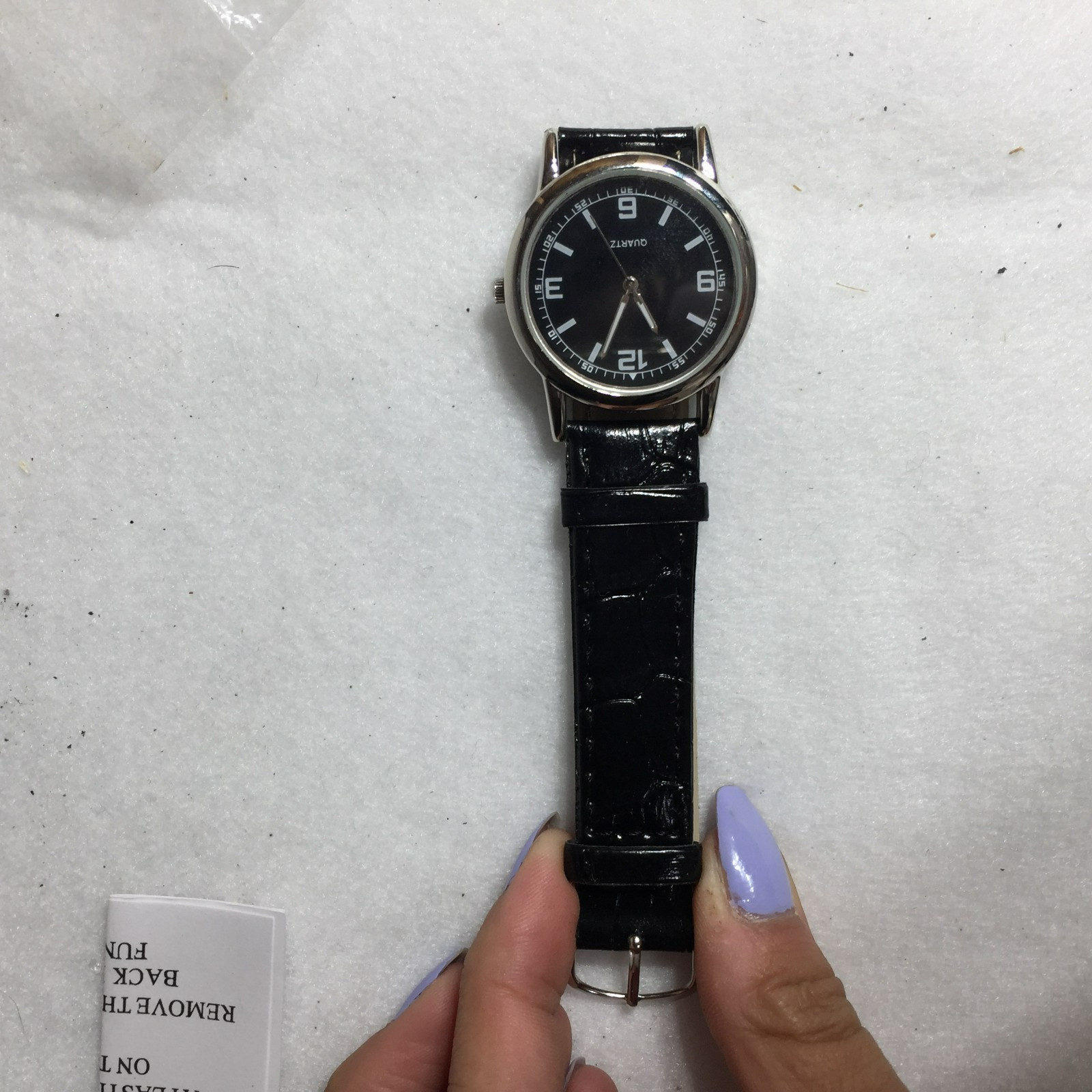 NEW Quartz Watch Black Faux Leather Band Silver Case Black Dial