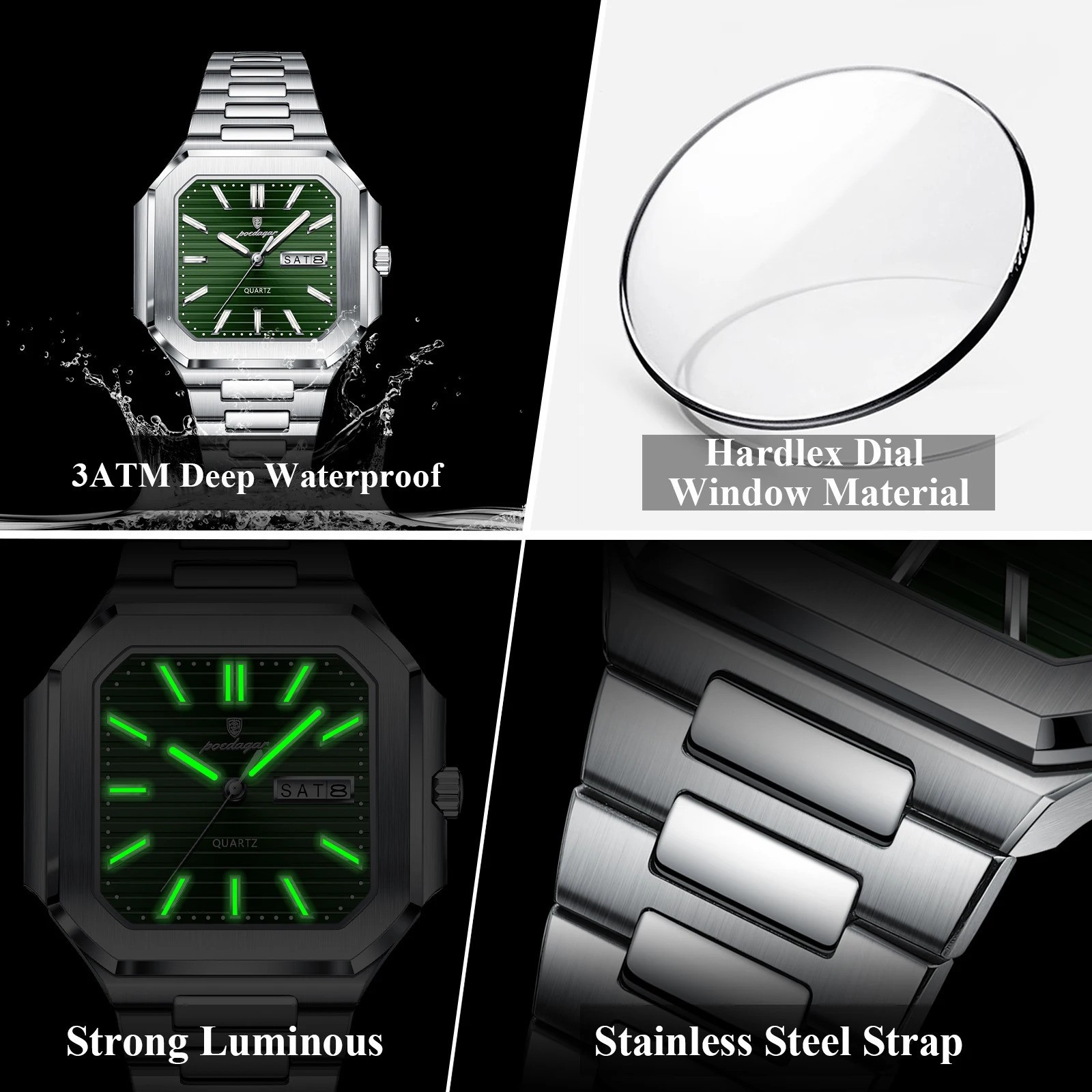 POEDAGAR Men’s Square Quartz Watch Stainless Steel Waterproof Luminous Day Date