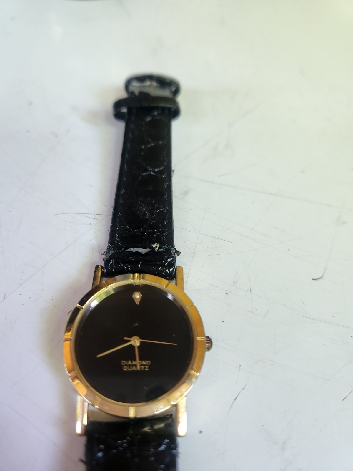 Diamond Quartz Diamond Accent Quartz Analog Watch Black Dial Gold Case Leather