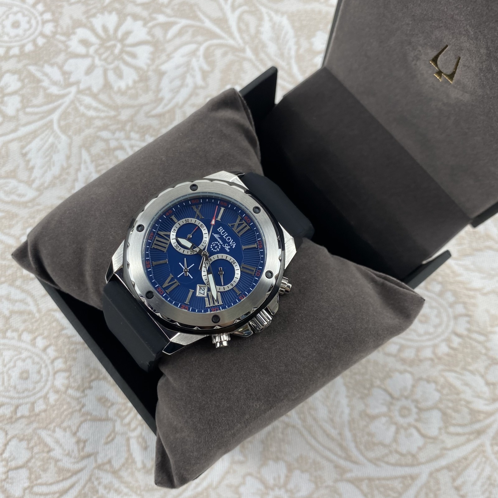 Bulova Marine Star 98B258 Automatic Blue Dial Black Rubber Strap Men’s Watch