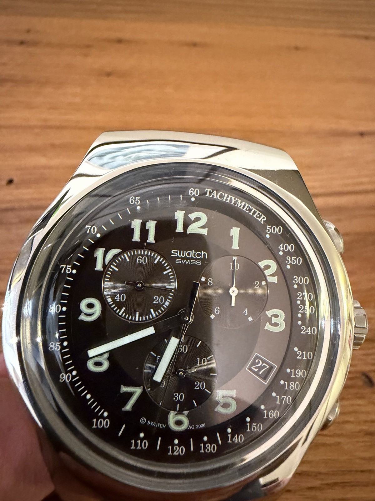Swatch Irony Chronograph Quartz Tachymeter Date Black Dial Brown Leather