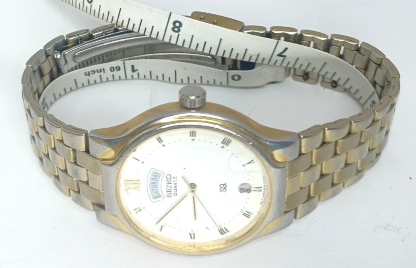 Vtg Men Seiko Sq Watch 5y23-7159 Baton Indexes Steel Bracelet Gold Tone Calenda