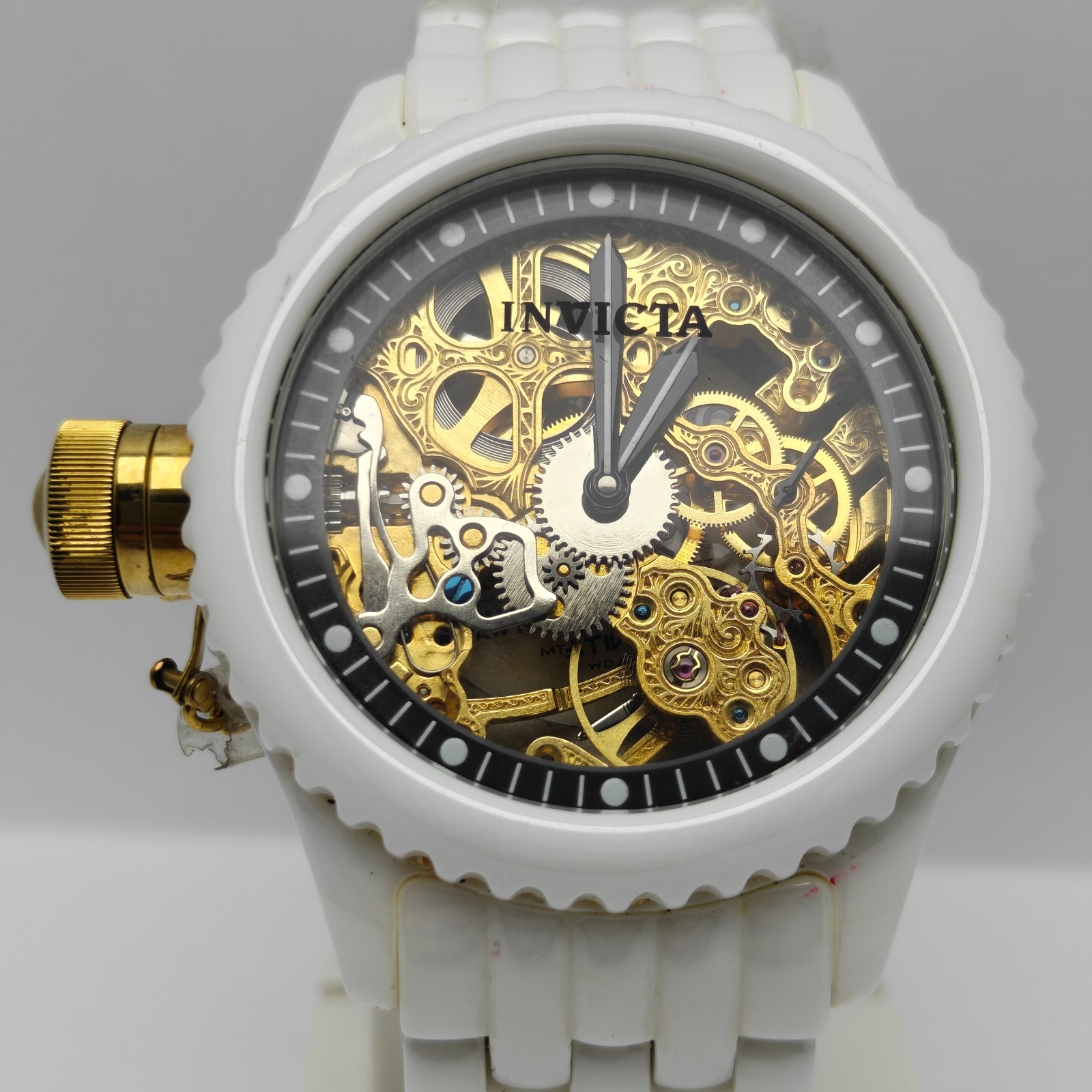 Invicta Lupah 48mm Gold Skeleton Round Dial White Solid Ceramic Diver Mens Watch