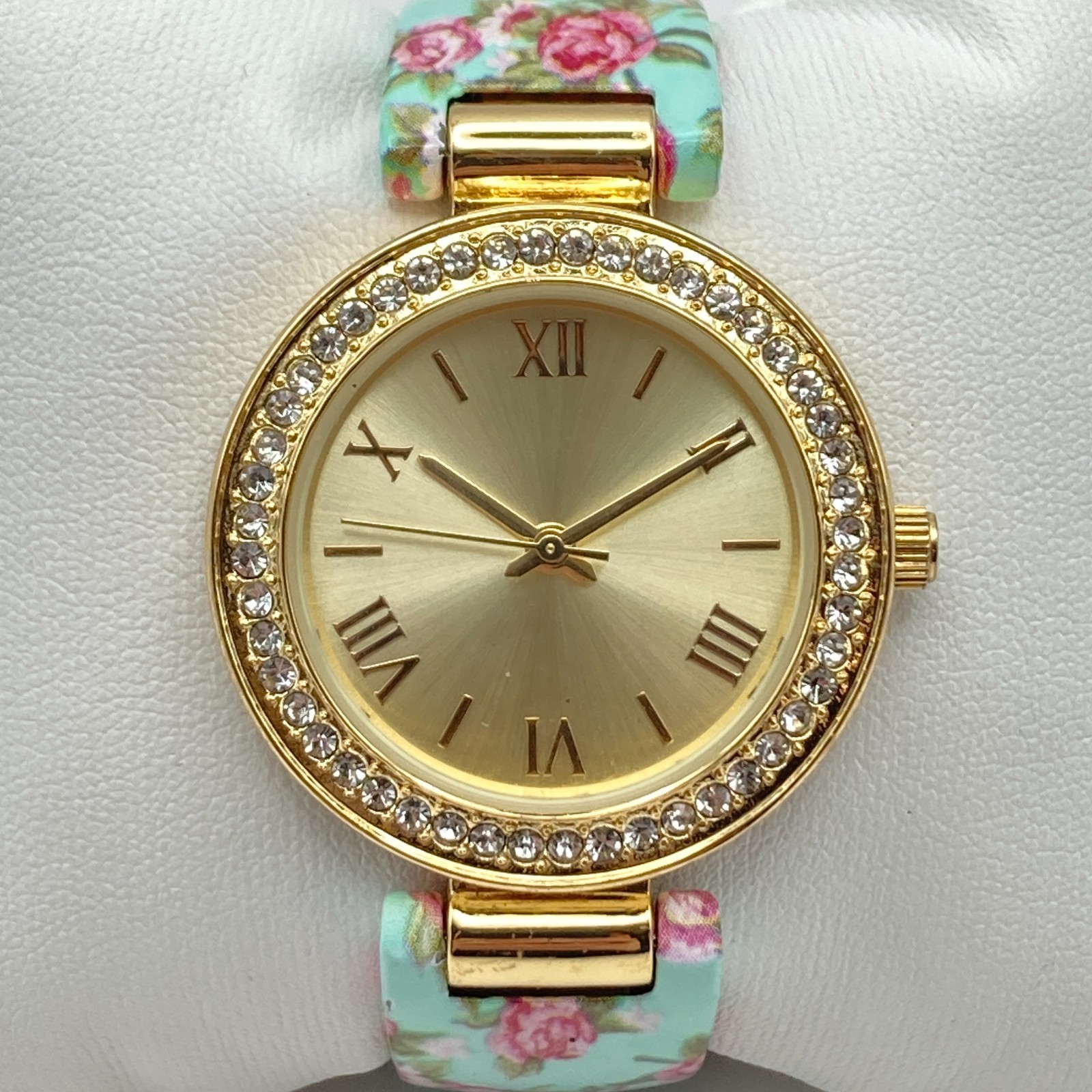Accutime Womens Watch Gold Tone Cuff English Rose Crystals Floral New Battery
