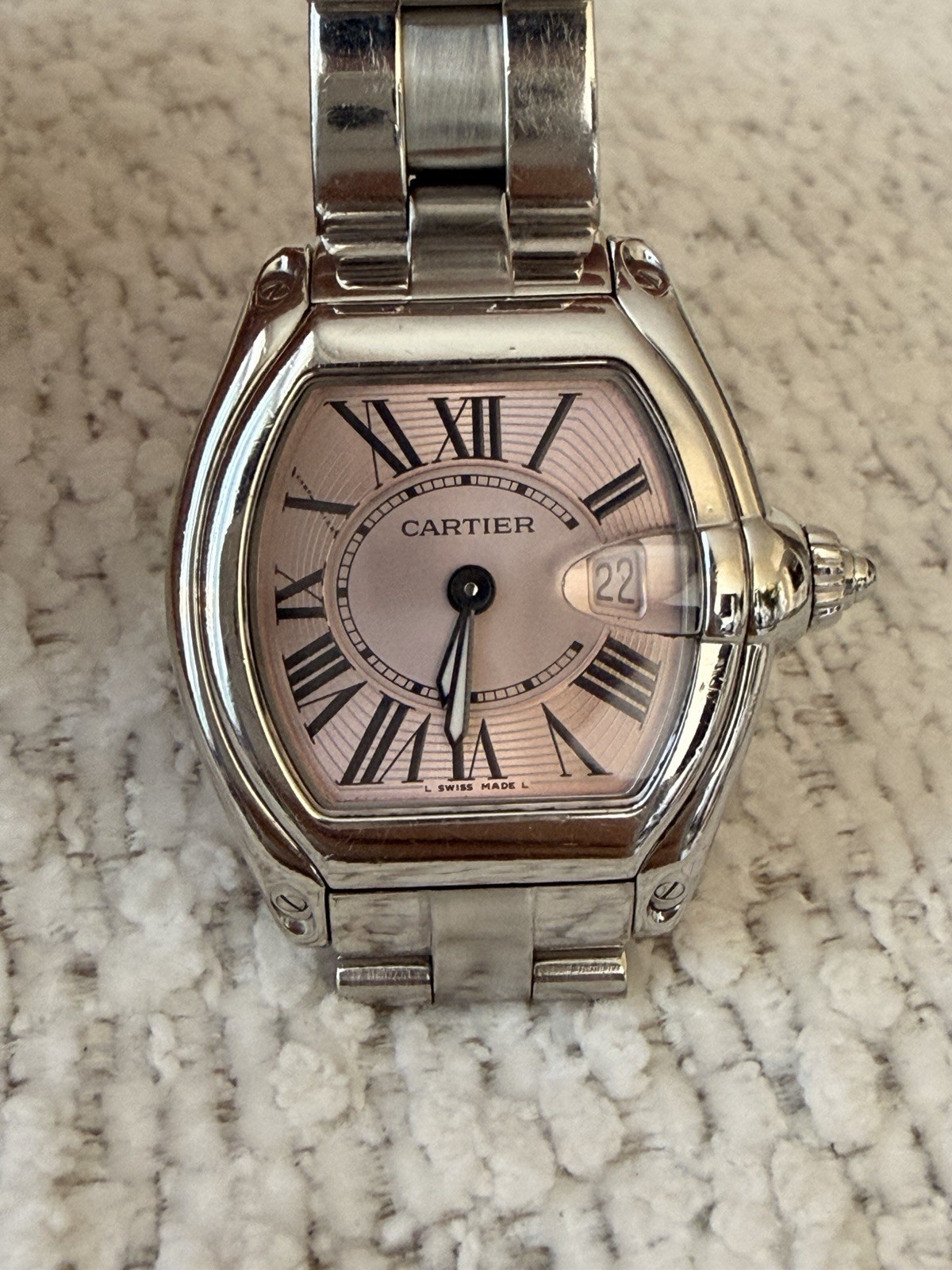 Cartier Roadster 30mm Pink Dial Quartz Date SS Bracelet 100m Women’s