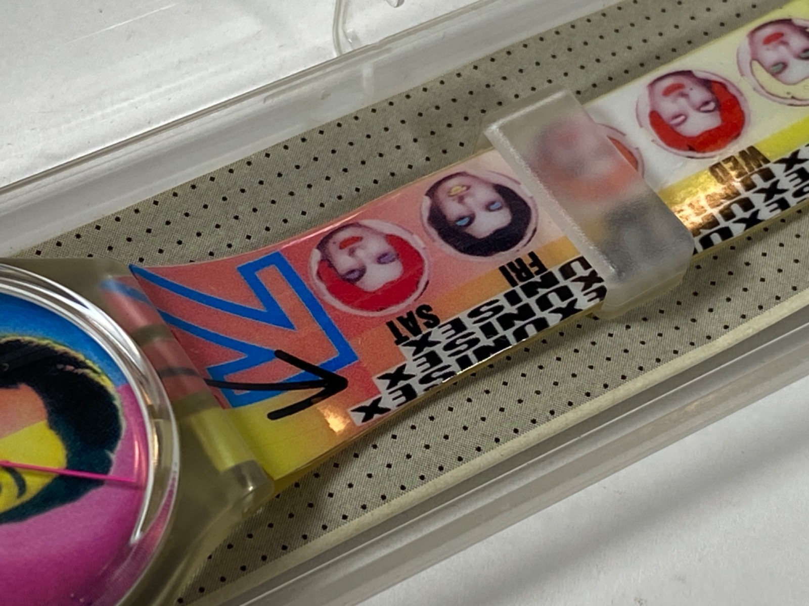 Vintage 1997 Swatch GK407 “BISEX” Pop Art Watch WHAT AM I TODAY Box Papers Works