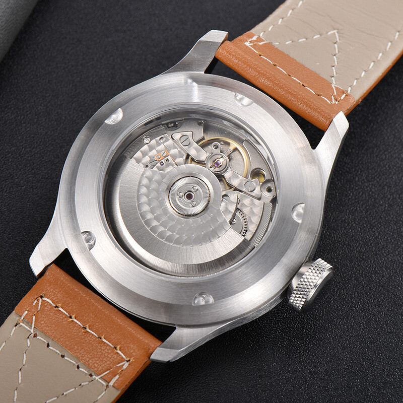 46.5mm Parnis Black with Gray Dial Brown Leather Strap Wrist Watches for Men