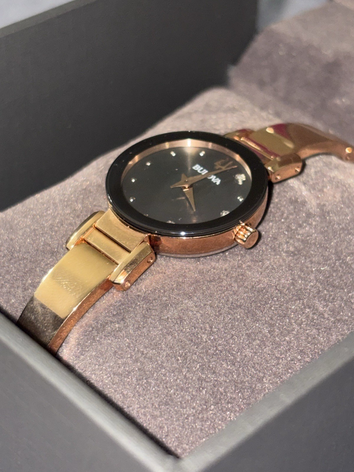 Bulova Women’s Quartz Dress Watch Black Dial Diamond Markers Gold Bracelet Box