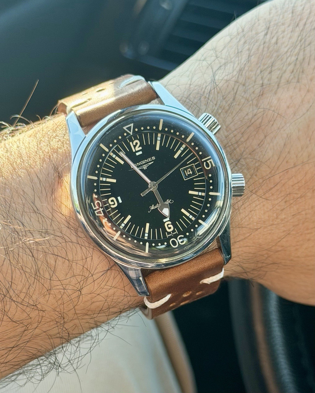 Longines Legend Diver Automatic Black Dial Date Brown Leather Strap Men’s
