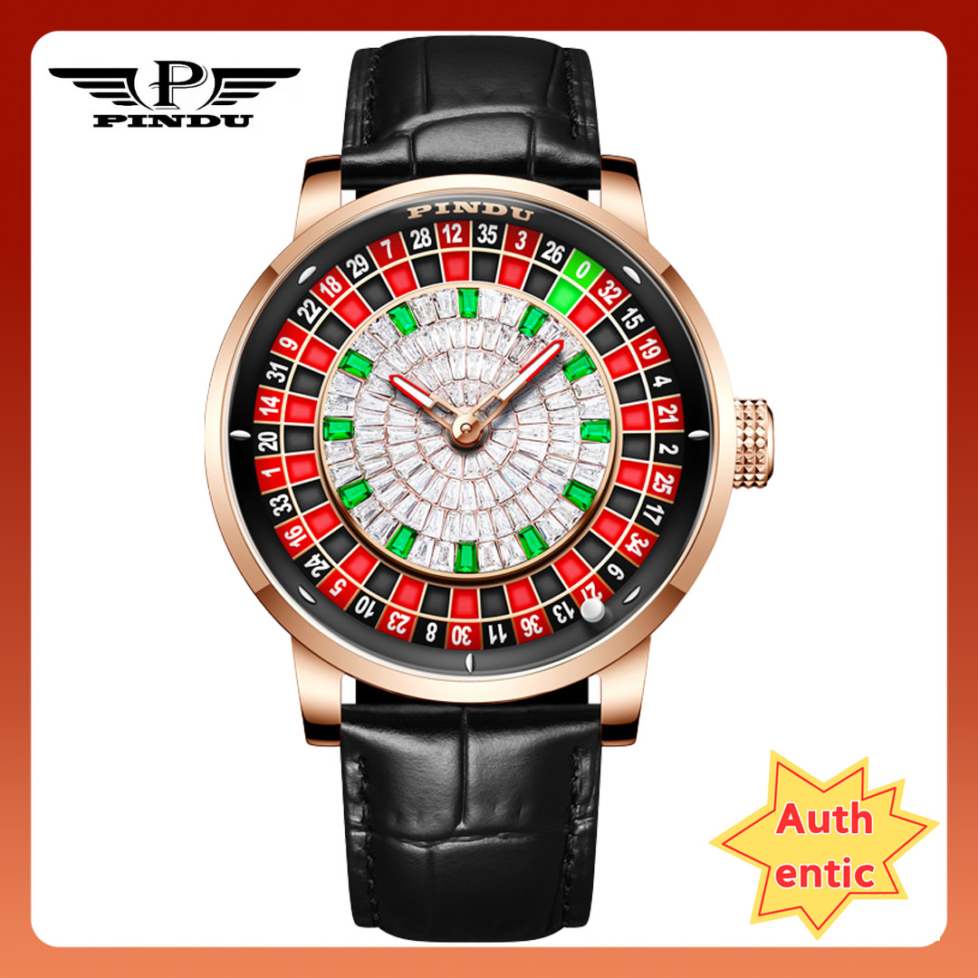 PINDU Men’s Mechanical Watch Rose Gold Case Black Leather Strap 3ATM waterproof