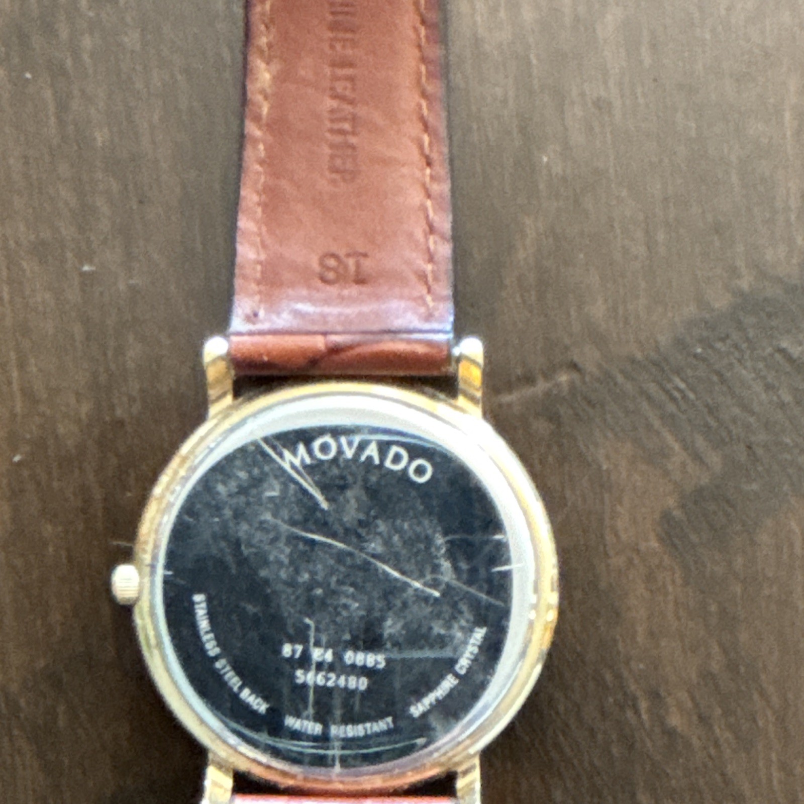 Movado Quartz Vintage 1987 White Dial Roman, Gold Case Brown Leather Strap