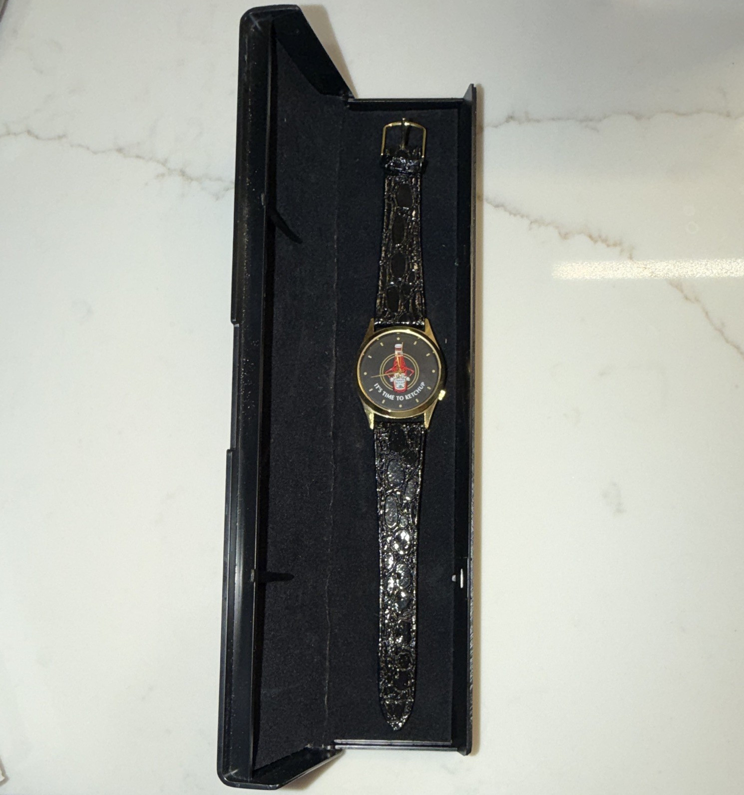 It’s Time to Ketchup Food & Drink Quartz Analog Watch Gold Case Black Leather