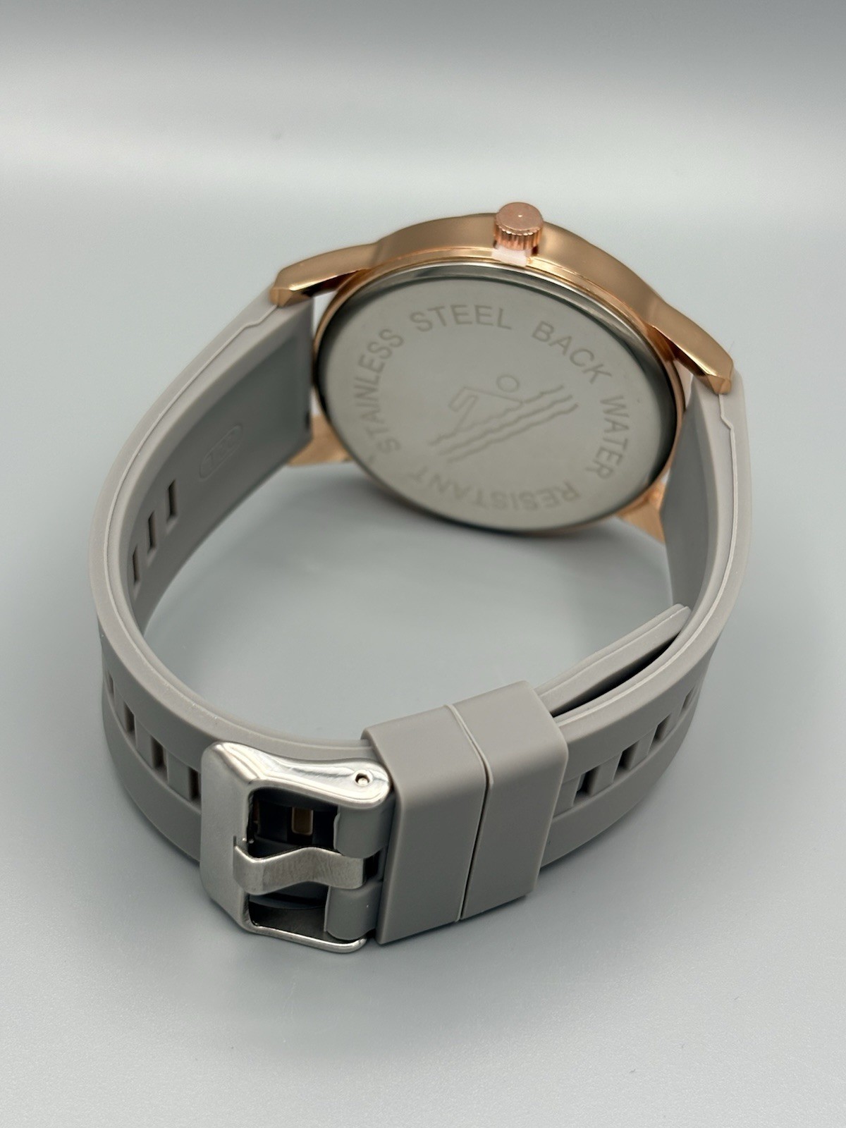 ROLINGDUN Quartz Watch Rose Gold Tone Black Dial Gray Silicone Strap New