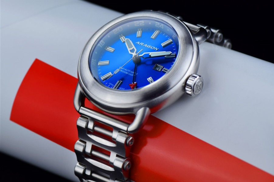 NEW! ARAGON Millipede SunRay Blue Dial GMT Automatic Mnmt Watch 24 HR Dial 44mm