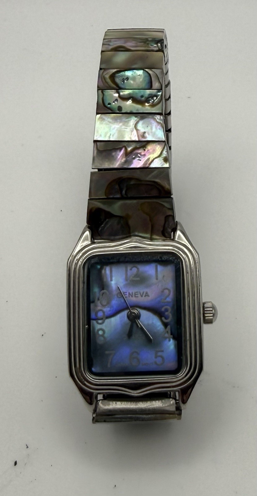 Womens Geneva Quartz Vintage Rectangle Silver SS Bracelet Blue Abalone Dial