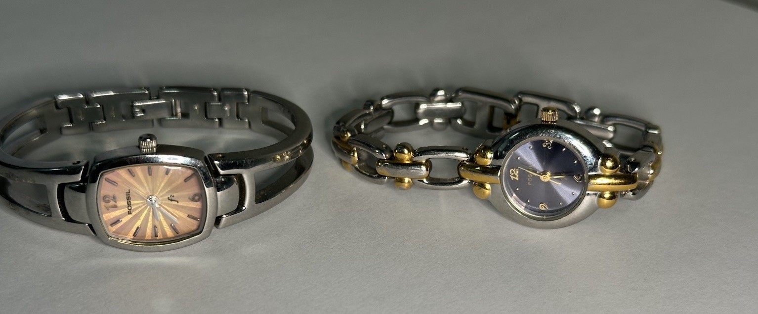 Fossil F2 Women’s Watch Lot ES-9063 & ES-9749 Blue Purple Stainless Need Battery